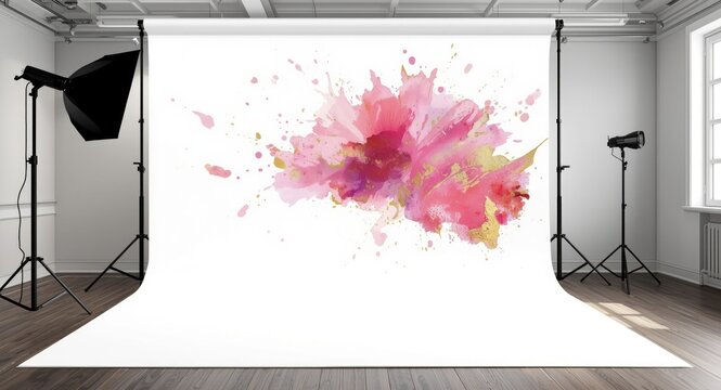 High key white backdrop featuring expressive abstract paint splash in pink and gold