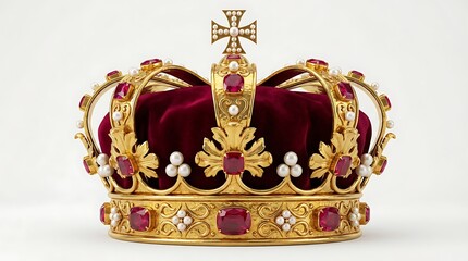 Fototapeta premium A magnificent crown, adorned with jewels, symbolizing royalty and power. The crown is crafted with intricate gold detailing and features striking red gemstones. 