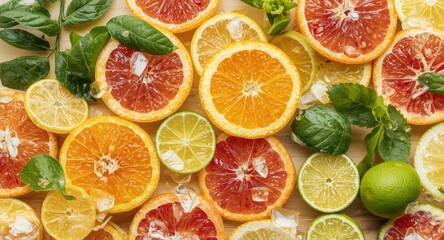 Fototapeta premium Sliced citrus fruits in diverse colors accompanied by empty space