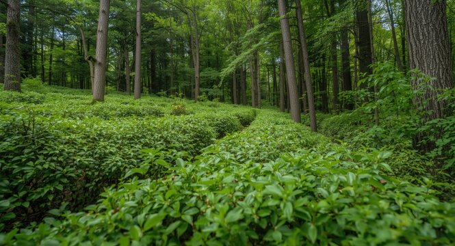 Lively green shrubs and tall trees offering a serene woodland environment