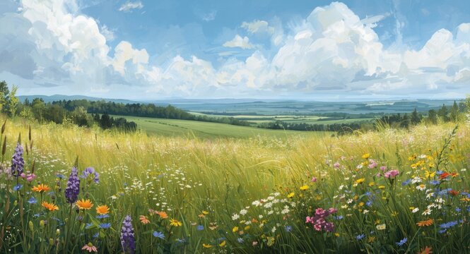 Large-scale wildflower meadow viewpoint with enhanced paint channel composition for cards