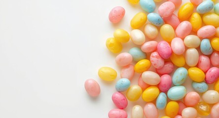 Obraz premium Easter celebration with vibrant pastel jelly beans on crisp white surface creating joy