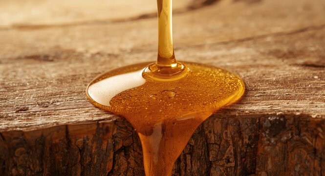 Intimate photo of raw manuka honey flowing over aged wood emphasizing natural sweetness