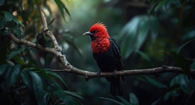 Radiant bird with vivid red and deep black feathers sitting on a branch amid jungle greenery