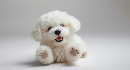 Fototapeta premium Playful white toy dog displaying paws and fluffy coat on a white ground