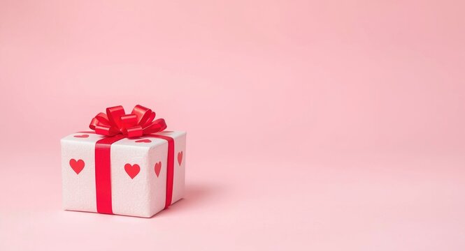 Pink background featuring a white present with red bow and heart accents