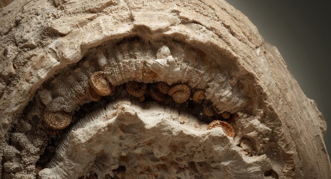 Detailed close up of a giant single celled nummulite fossil in textured Palaeogene limestone with copy space