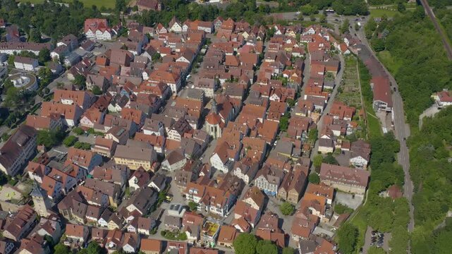 Aerial view of the old town above the city of Marbach in south Germany, on a sunny spring day.