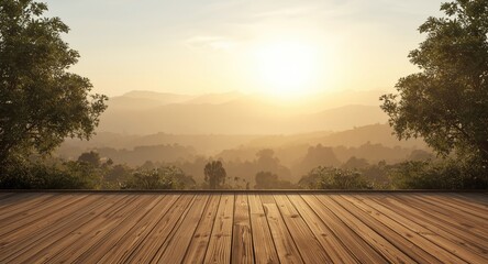 Fototapeta premium Soft morning glow on natural scenery from a wood planked terrace