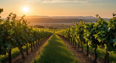 Naklejka premium Idyllic early morning glow over expansive grapevine landscape
