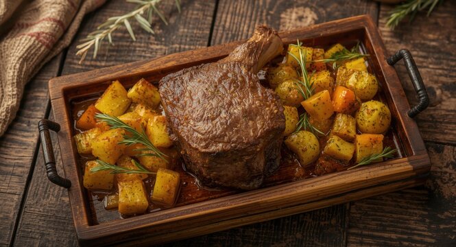 Slow cooked angus rump beef with golden saut&Atilde;&copy;ed vegetables served on wooden rustic tray