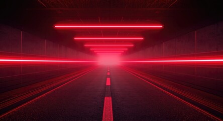 Fototapeta premium Glowing red neon lasers lighting a dark underground asphalt corridor in a sci fi futuristic style