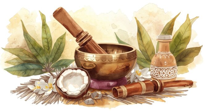 Artful watercolor rendering of traditional cocoa ceremony setup with singing bowl and molinillo