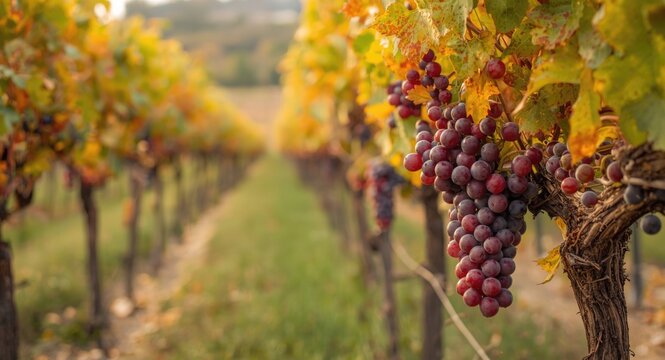 Red grenache grapes being harvested during vibrant autumn season in vineyard