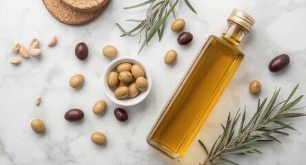 Fototapeta premium High detail food photography of olive oil bottle and olives arranged on marble top
