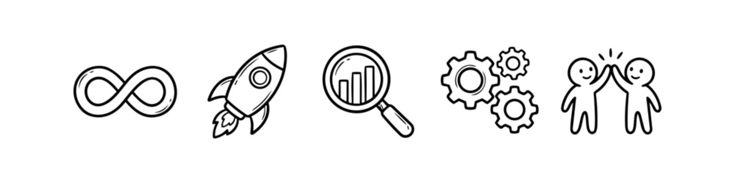 Hand-drawn doodle business icons featuring an infinity symbol, rocket launch, data analysis, gears, and a high-five for teamwork. Minimalist black line art on a white background.
