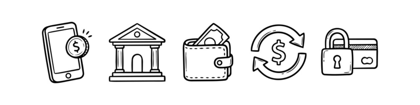 Hand-drawn banking and finance icon set. Features mobile payment, bank building, wallet, money exchange, and secure credit card icons in a doodle sketch style, ideal for financial presentations.