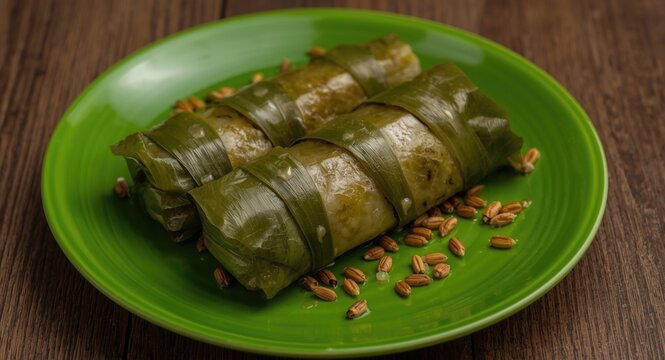 Indonesian banana leaf wrapped dessert made with green bean flour and pearl sago on a vibrant green plate