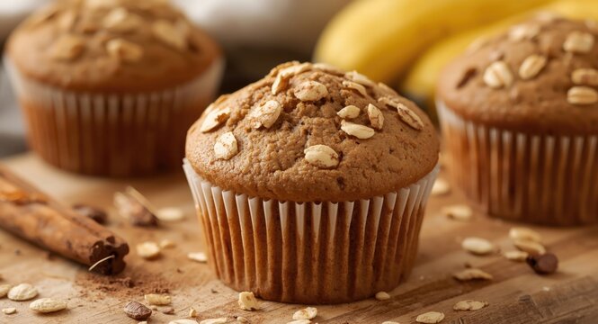 Fresh banana muffin with oats and cinnamon, home baked