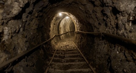 Fototapeta premium Mining professional descending a steep underground corridor with copyspace included