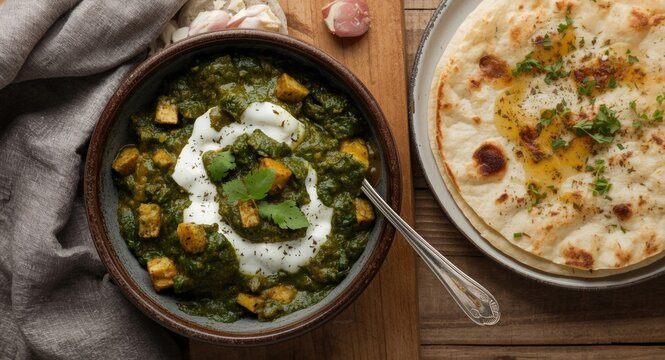 Nutritious vegetarian Indian saag paneer teamed with soft chapattis