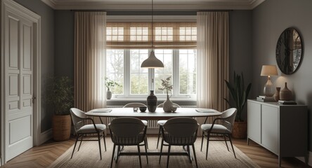 Fototapeta premium Scandinavian dining room decorated with neutral shades and lamp centered above table