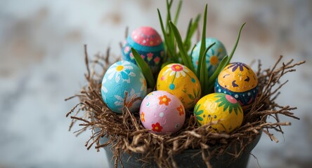 Fototapeta premium Festive spring potted plant decorated with lively painted eggs for Easter joy