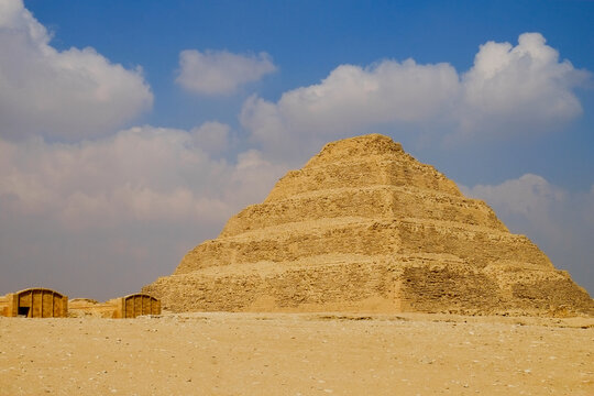 Cairo, Egypt. Step Pyramid of Djoser in Saqqara Egypt under blue sky