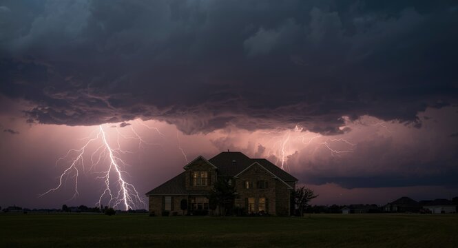 Home experiencing lightning strike beneath stormy skies