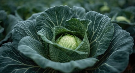 Obraz premium Macro shot of fresh green cabbage harvested from a fertile open field