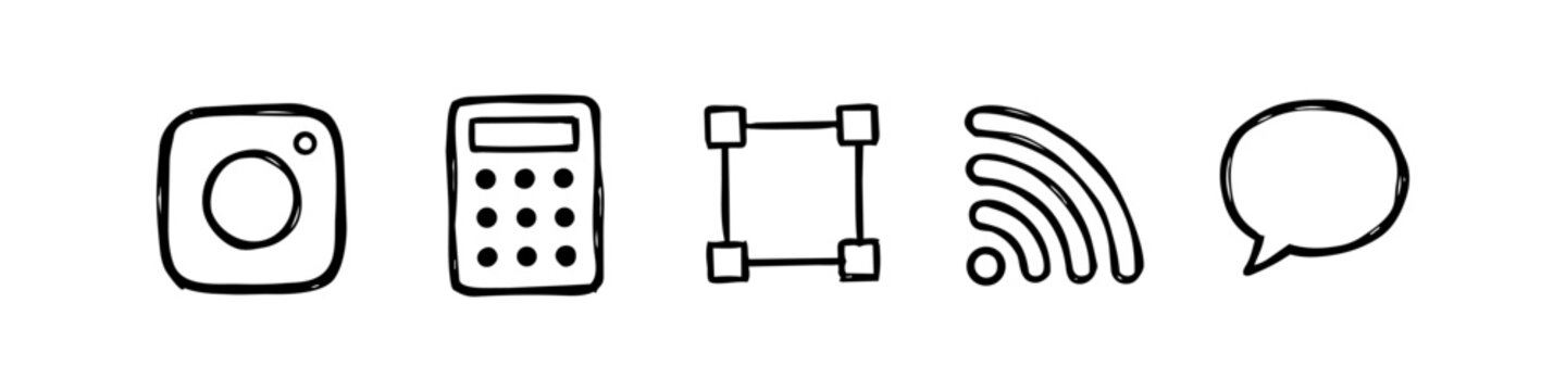 Hand-drawn set of five minimalist doodle icons featuring a camera, calculator, selection tool, Wi-Fi signal, and speech bubble. Black line art on white background for web and app design projects.