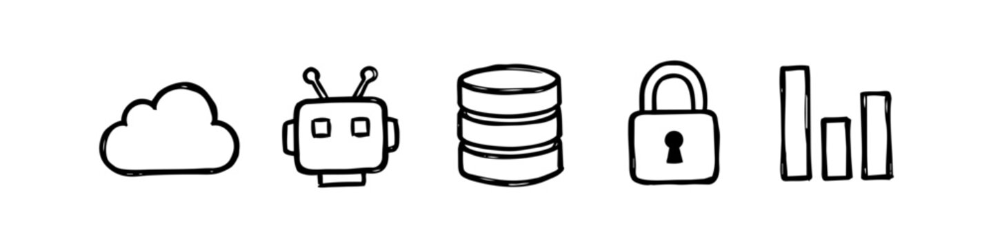 Hand-drawn technology icon set featuring cloud, robot, database, lock, and bar chart in a minimalist doodle style. Perfect for tech, data, security, and AI business concepts.