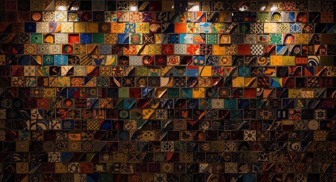 artistic wall installation using colorful tiles in many shapes and size varieties