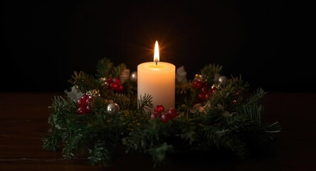 Fototapeta premium Festive Advent wreath featuring a single glowing candle on first Advent