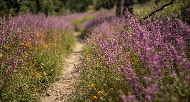 Pathway covered with blooming Herb Robert flowers during a sunny summer hike