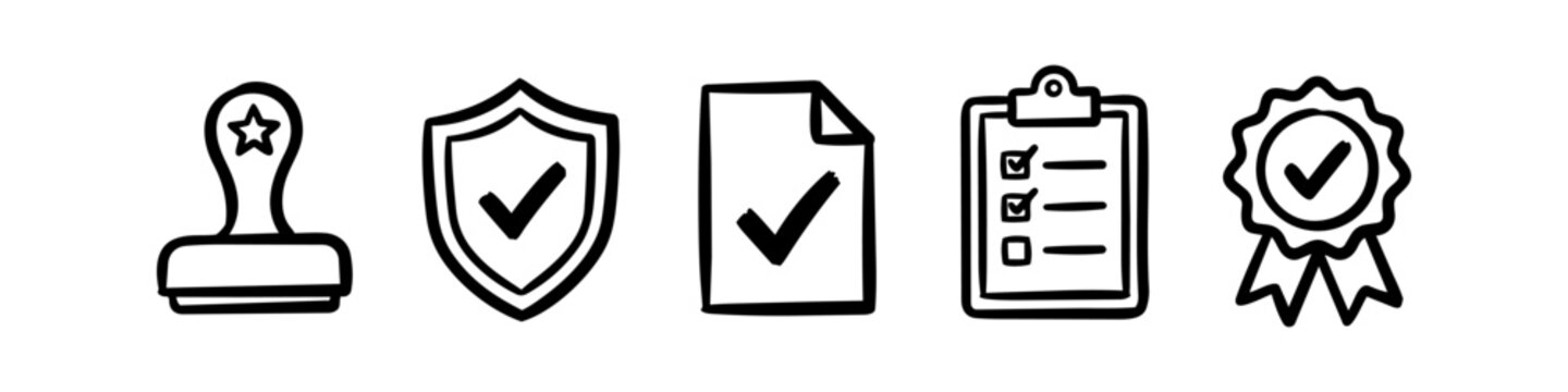 Hand-drawn quality assurance icon set featuring a stamp, shield, document, checklist, and award seal. Minimalist black ink doodle style for business verification and certification concepts.