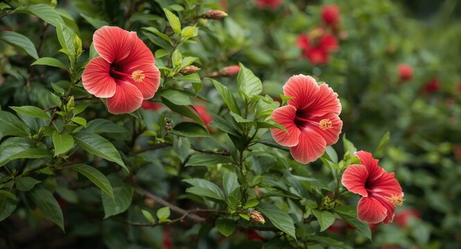 Hibiscus syriacus plants flowering vibrantly in a natural botanical garden setting