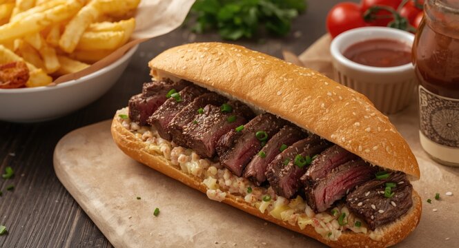 Flavorful ribeye steak sandwich on a baguette with hand cut fries