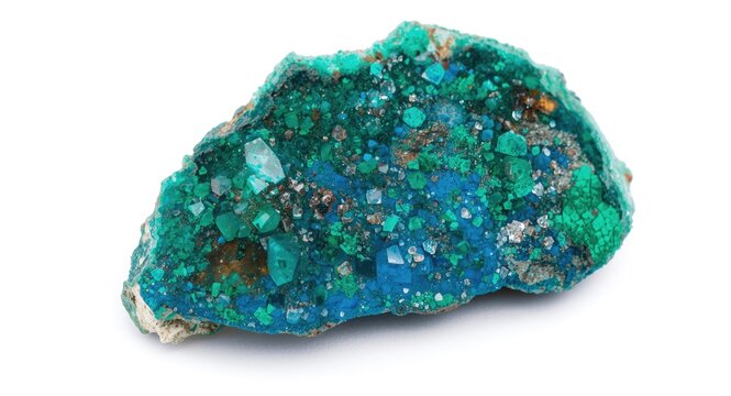 Macro image of natural azurite and malachite mineral samples from geological collection on white background