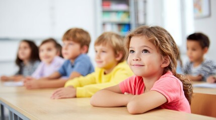 Fototapeta premium Education training class. Knowledge learning improvement study. A group of children seated at desks in a classroom, with a young girl in the front wearing a pink tshirt. Papers are on the desks.