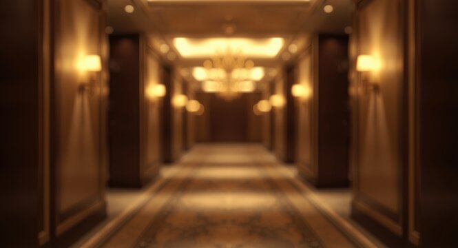 Soft cinematic bokeh effect in an upscale hotel corridor suitable for blurred design backgrounds
