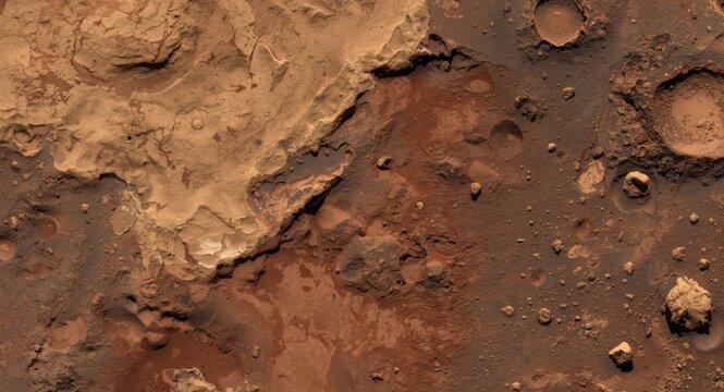 High detail Mars topography with reddish craters and rugged geological surface with copy space