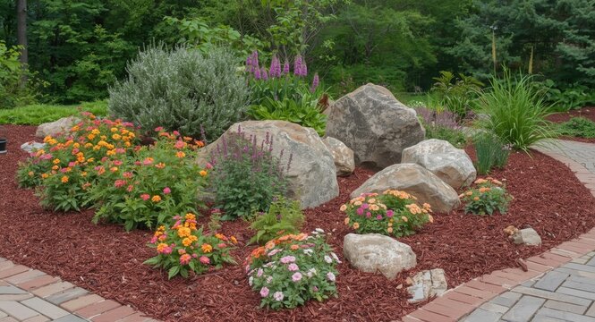 Outdoor garden space in summer displaying vivid flowers, red mulch ground cover, decorative rocks, and green shrubs