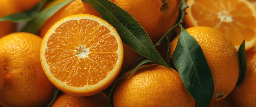 Freshly cut citrus fruit showcasing juicy orange flesh with leafy orange fruits in soft focus