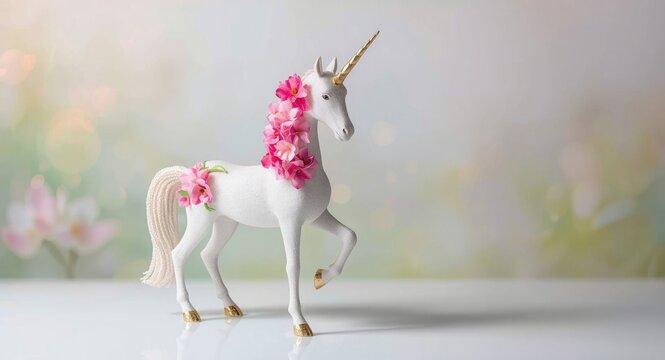 Fantasy unicorn model featuring vibrant pink floral accents and a gleaming gold horn