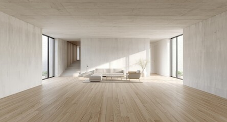 Obraz premium Neutral toned interior template featuring white concrete walls and light wooden planks