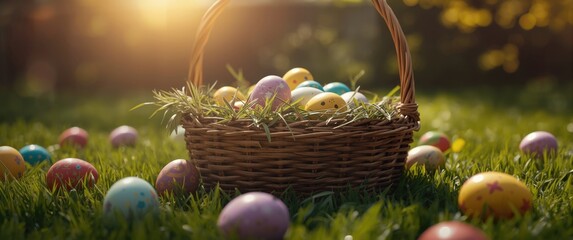 Fototapeta premium Family Easter fun with basket full of eggs and joyous egg hunt