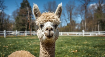 Obraz premium Cute alpaca grazing peacefully in a sunny paddock at the zoo