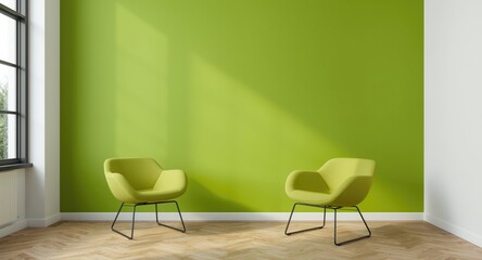 Fototapeta premium Simple modern room with lime green chairs and a striking bright green wall surface