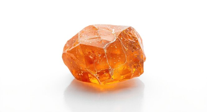 Orange rough sunstone gemstone glimmering with glitter on white backdrop